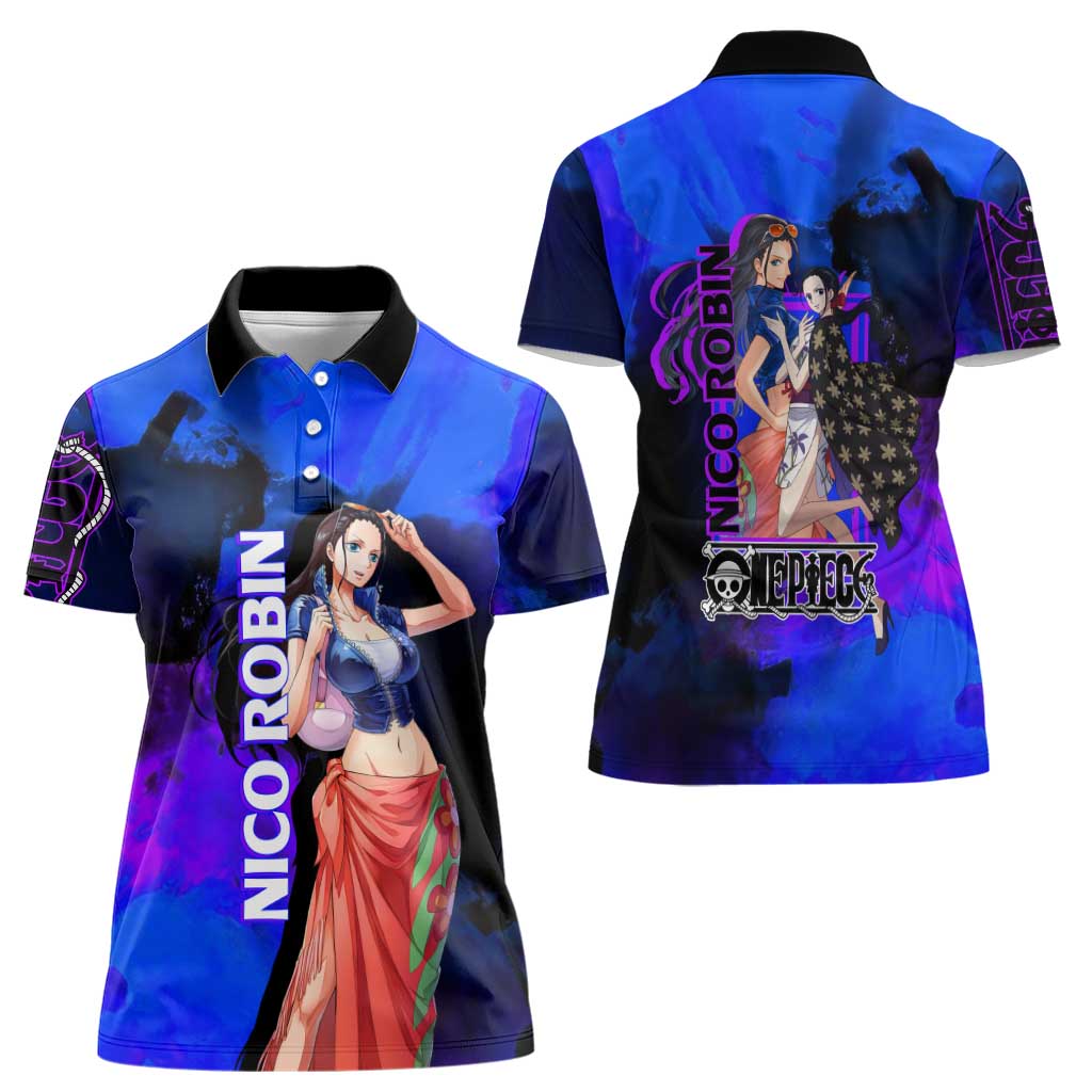 Nico Robin One Piece Purple and Blue Theme Women Polo Shirt with Floral Cape and Archaeologist Pose Design - The Mazicc
