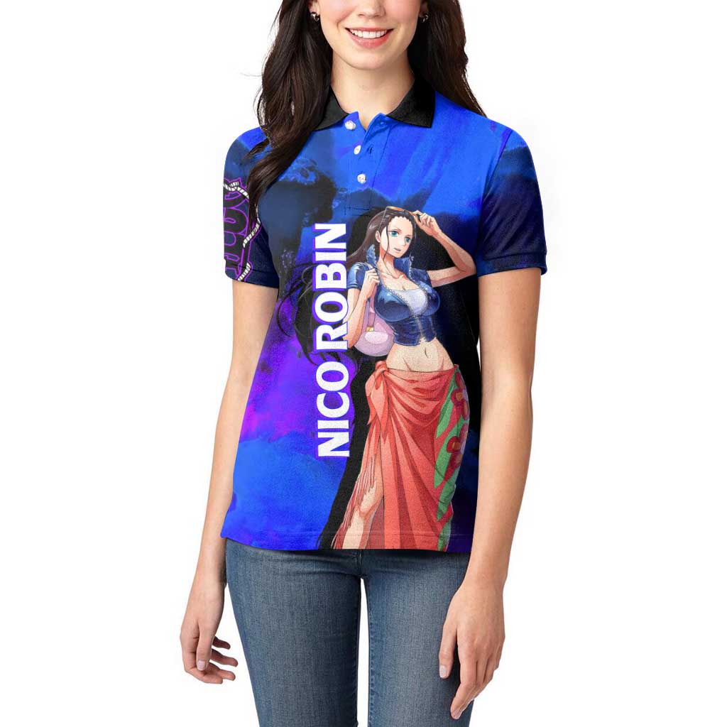 Nico Robin One Piece Purple and Blue Theme Women Polo Shirt with Floral Cape and Archaeologist Pose Design - The Mazicc