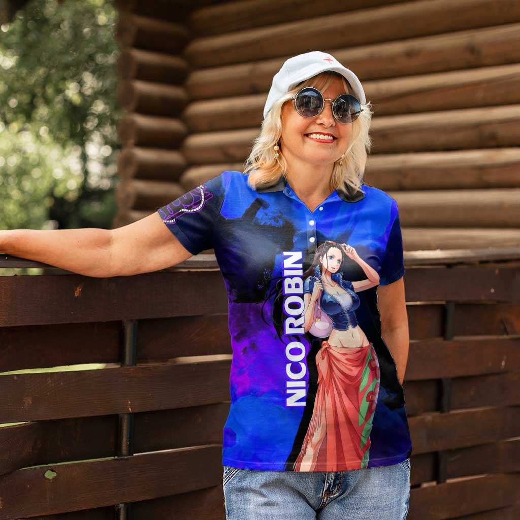 Nico Robin One Piece Purple and Blue Theme Women Polo Shirt with Floral Cape and Archaeologist Pose Design - The Mazicc