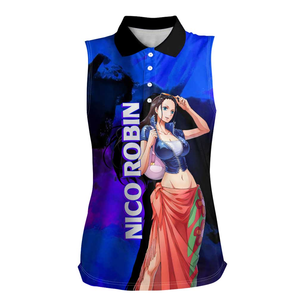 Nico Robin One Piece Purple and Blue Theme Women Sleeveless Polo Shirt with Floral Cape and Archaeologist Pose Design - The Mazicc