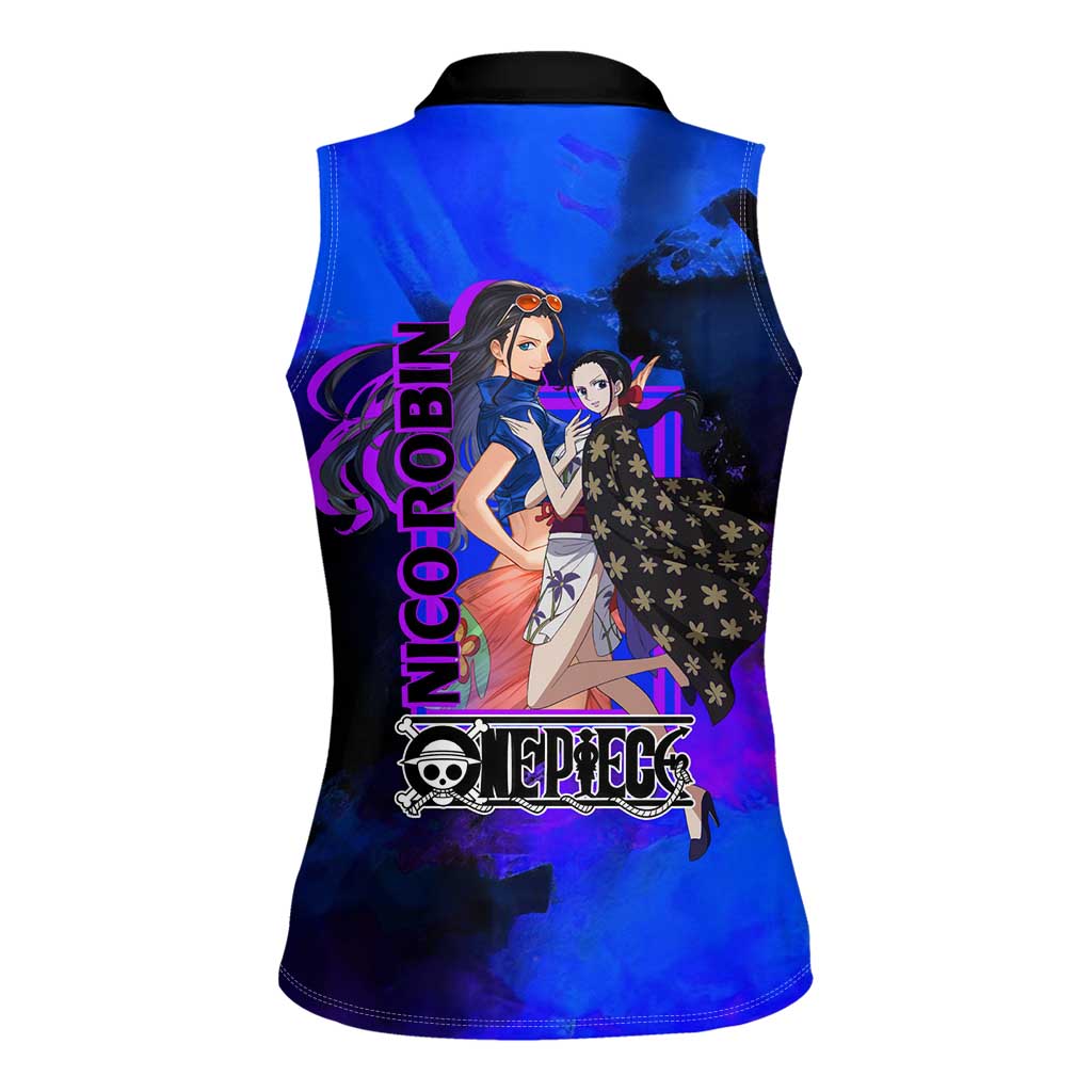 Nico Robin One Piece Purple and Blue Theme Women Sleeveless Polo Shirt with Floral Cape and Archaeologist Pose Design - The Mazicc