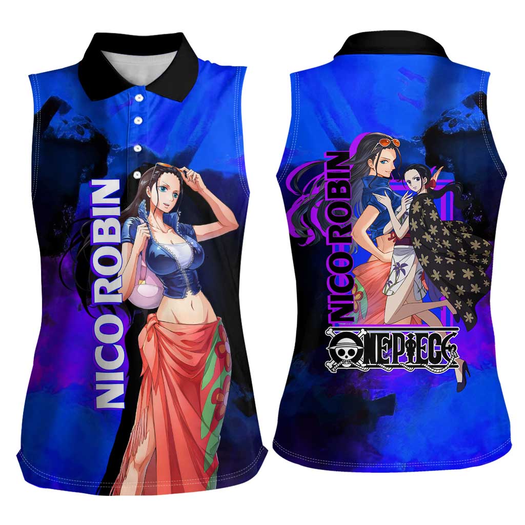 Nico Robin One Piece Purple and Blue Theme Women Sleeveless Polo Shirt with Floral Cape and Archaeologist Pose Design - The Mazicc