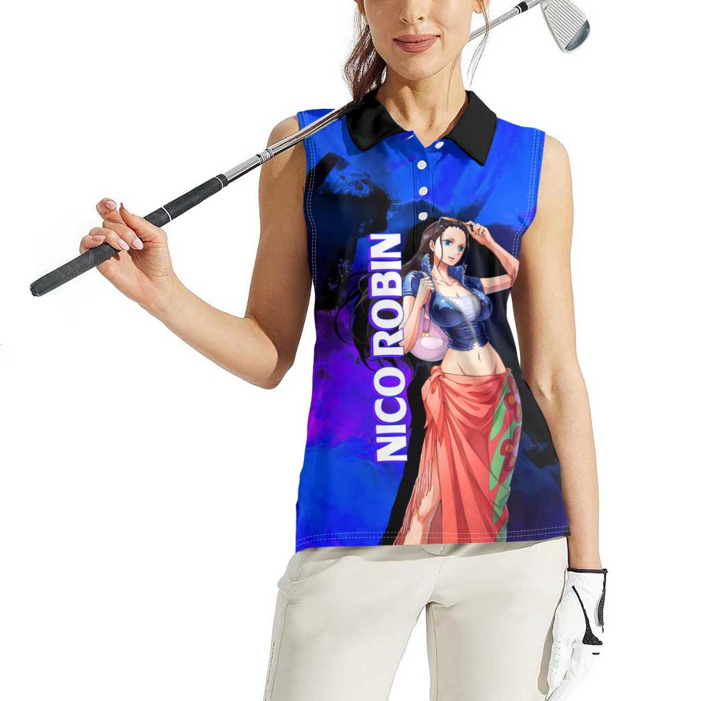 Nico Robin One Piece Purple and Blue Theme Women Sleeveless Polo Shirt with Floral Cape and Archaeologist Pose Design - The Mazicc