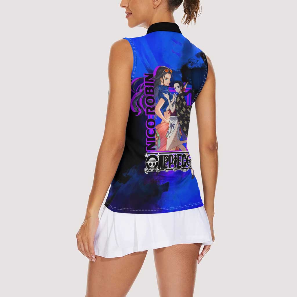 Nico Robin One Piece Purple and Blue Theme Women Sleeveless Polo Shirt with Floral Cape and Archaeologist Pose Design - The Mazicc