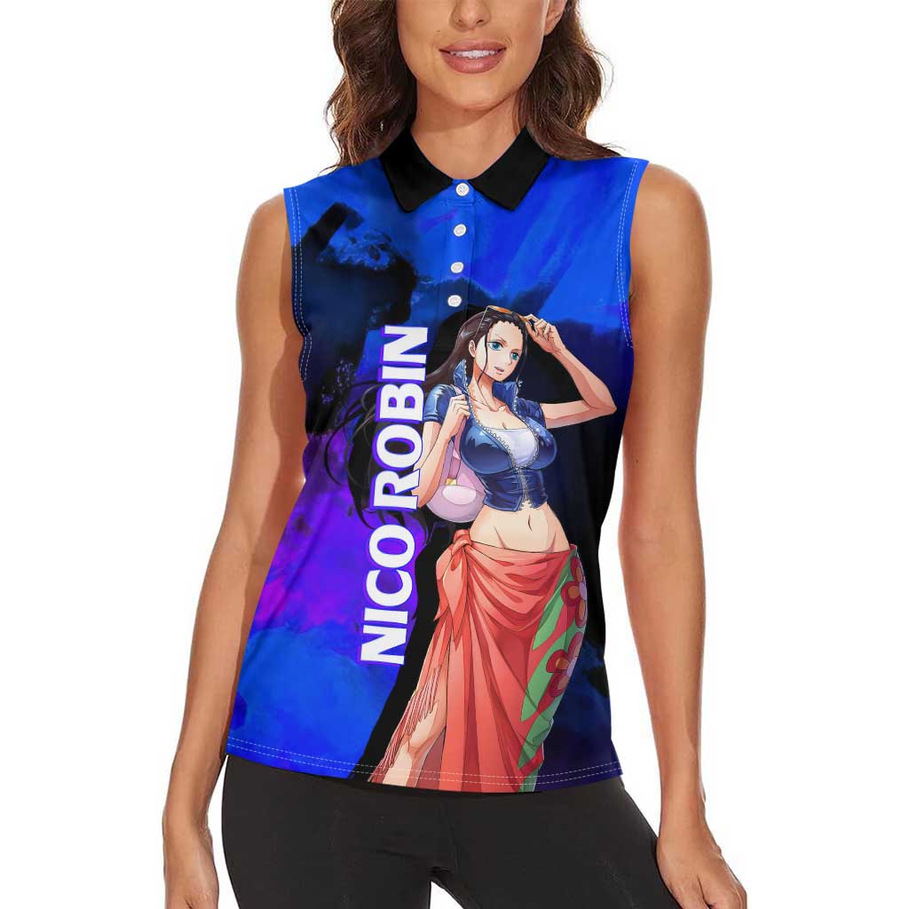 Nico Robin One Piece Purple and Blue Theme Women Sleeveless Polo Shirt with Floral Cape and Archaeologist Pose Design - The Mazicc