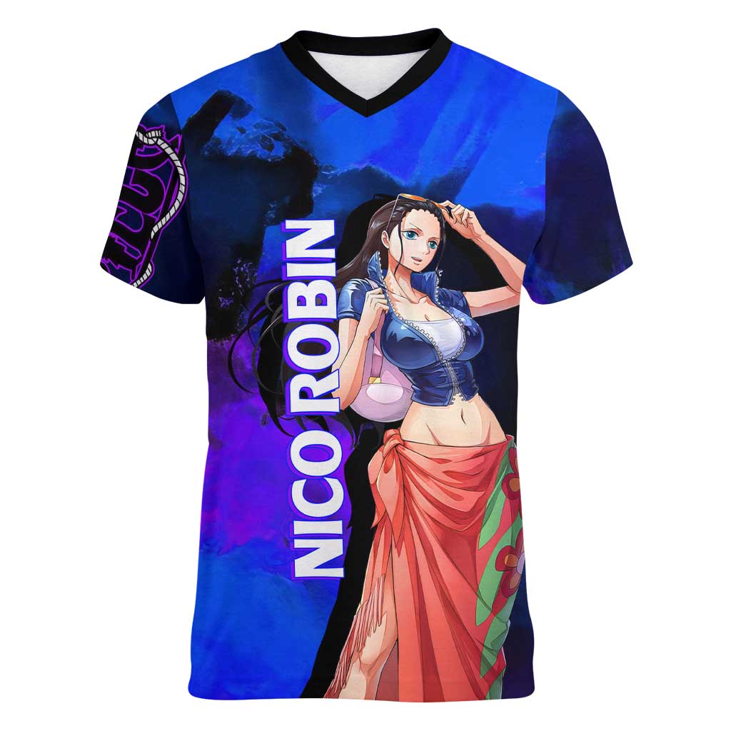Nico Robin One Piece Purple and Blue Theme Women V-Neck T-Shirt with Floral Cape and Archaeologist Pose Design - The Mazicc