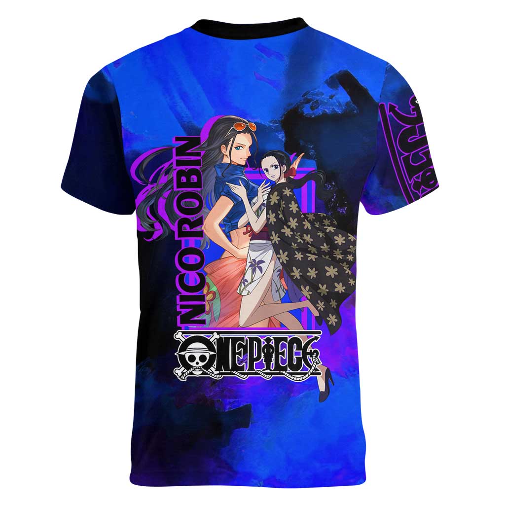 Nico Robin One Piece Purple and Blue Theme Women V-Neck T-Shirt with Floral Cape and Archaeologist Pose Design - The Mazicc