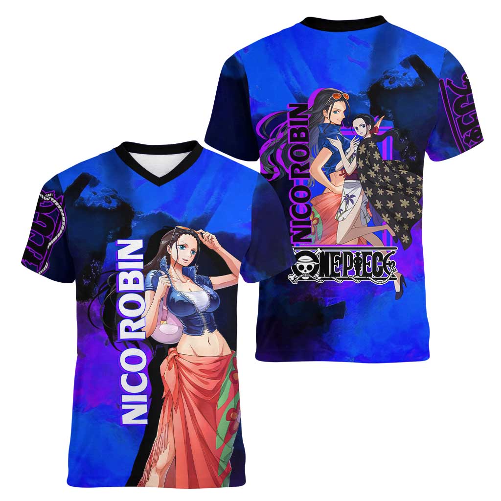 Nico Robin One Piece Purple and Blue Theme Women V-Neck T-Shirt with Floral Cape and Archaeologist Pose Design - The Mazicc