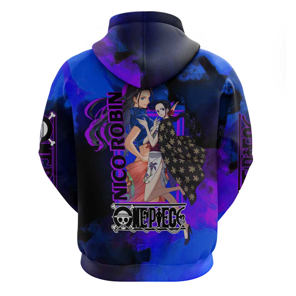 Nico Robin One Piece Purple and Blue Theme Zip Hoodie with Floral Cape and Archaeologist Pose Design - The Mazicc
