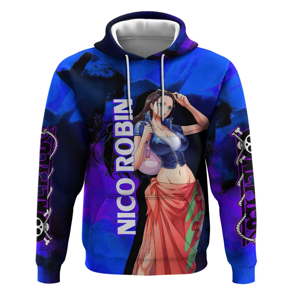 Nico Robin One Piece Purple and Blue Theme Zip Hoodie with Floral Cape and Archaeologist Pose Design - The Mazicc
