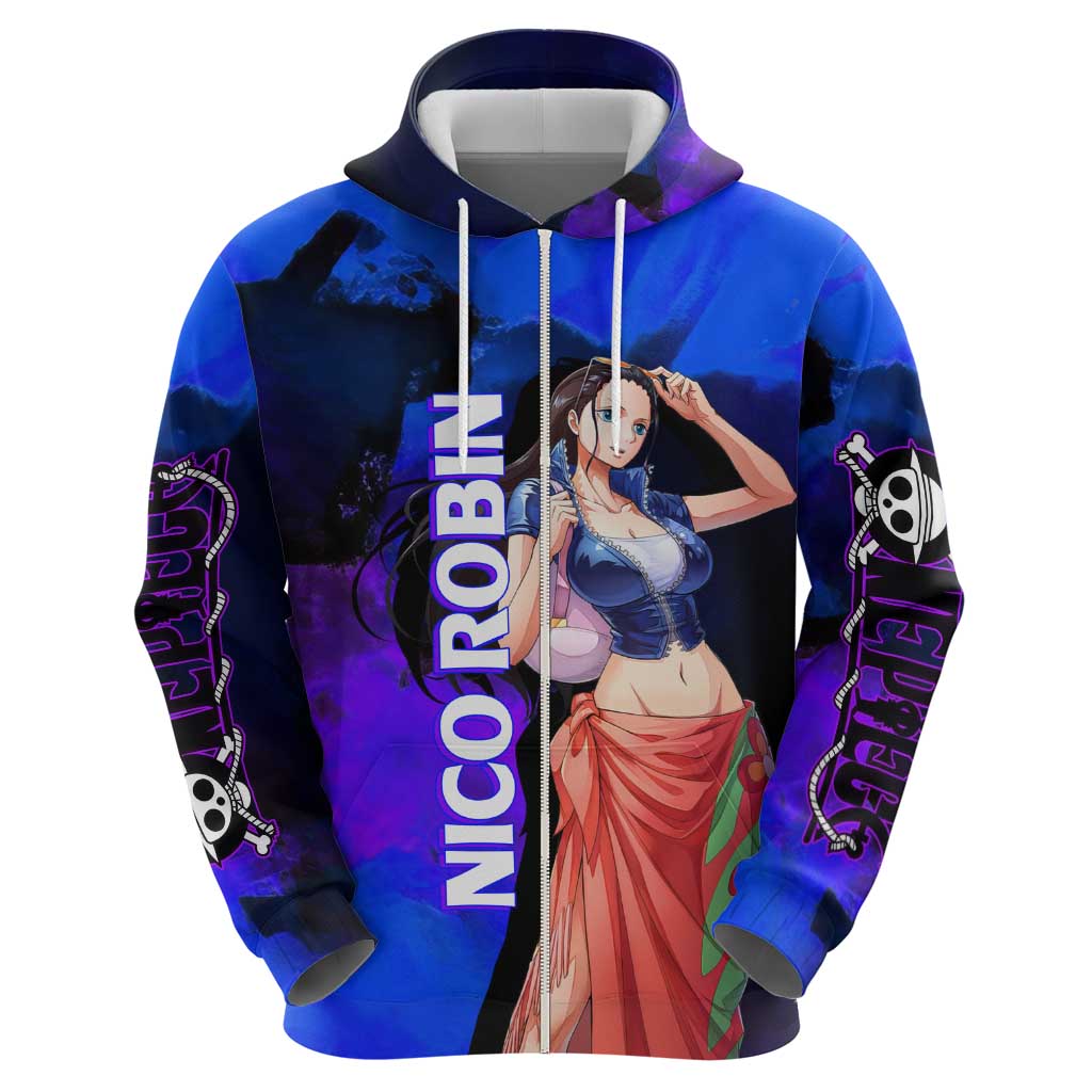 Nico Robin One Piece Purple and Blue Theme Zip Hoodie with Floral Cape and Archaeologist Pose Design - The Mazicc