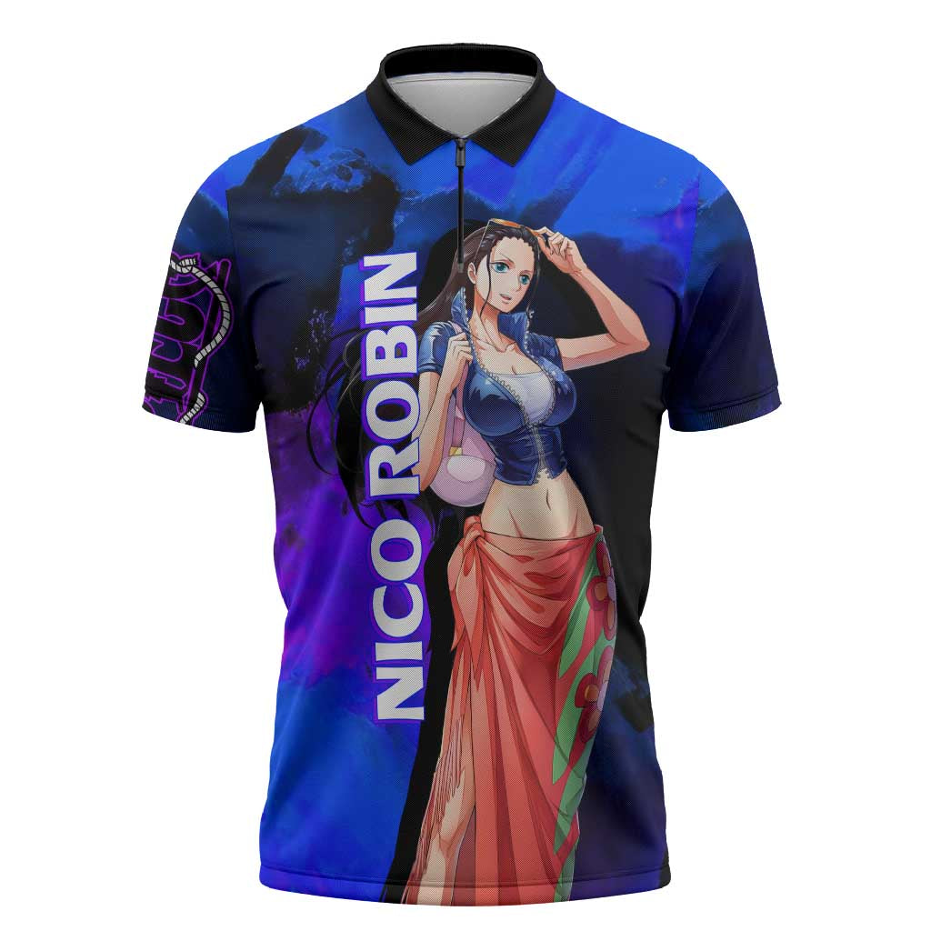 Nico Robin One Piece Purple and Blue Theme Zipper Polo Shirt with Floral Cape and Archaeologist Pose Design - The Mazicc