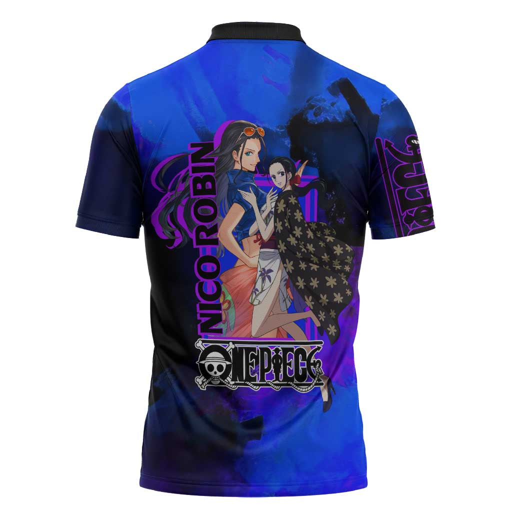 Nico Robin One Piece Purple and Blue Theme Zipper Polo Shirt with Floral Cape and Archaeologist Pose Design - The Mazicc
