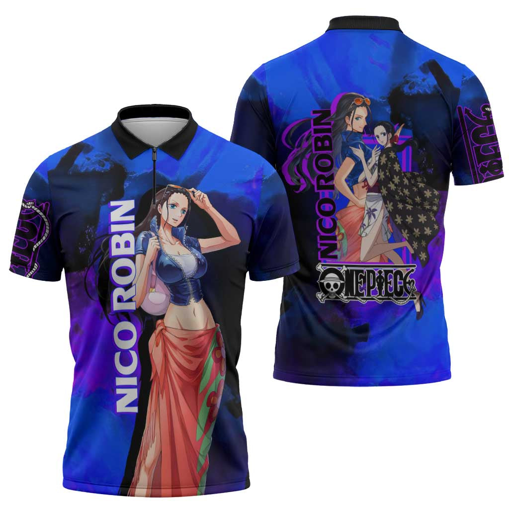 Nico Robin One Piece Purple and Blue Theme Zipper Polo Shirt with Floral Cape and Archaeologist Pose Design - The Mazicc