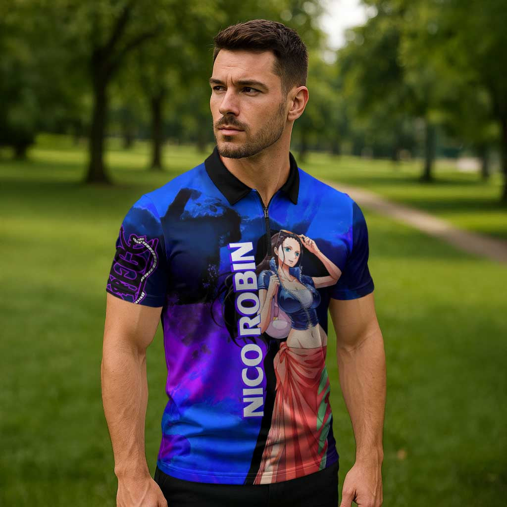 Nico Robin One Piece Purple and Blue Theme Zipper Polo Shirt with Floral Cape and Archaeologist Pose Design - The Mazicc