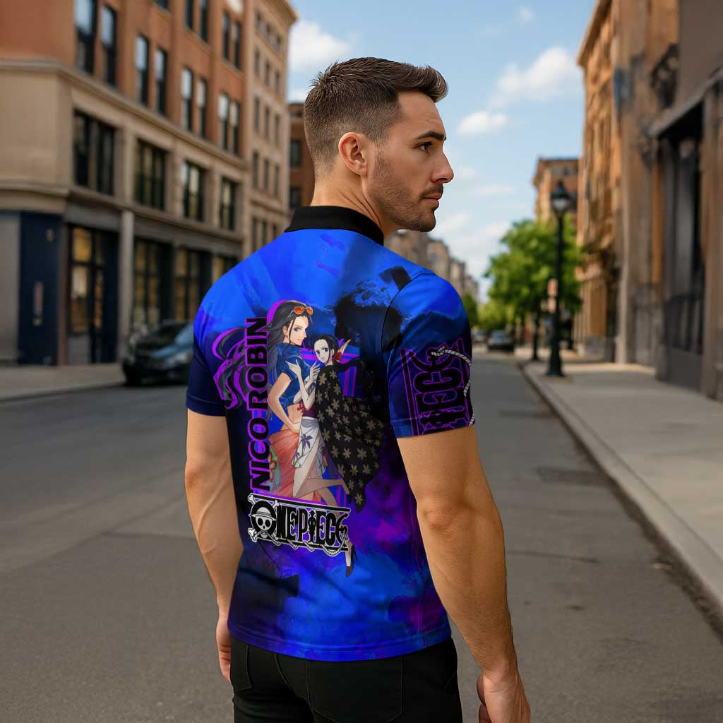 Nico Robin One Piece Purple and Blue Theme Zipper Polo Shirt with Floral Cape and Archaeologist Pose Design - The Mazicc