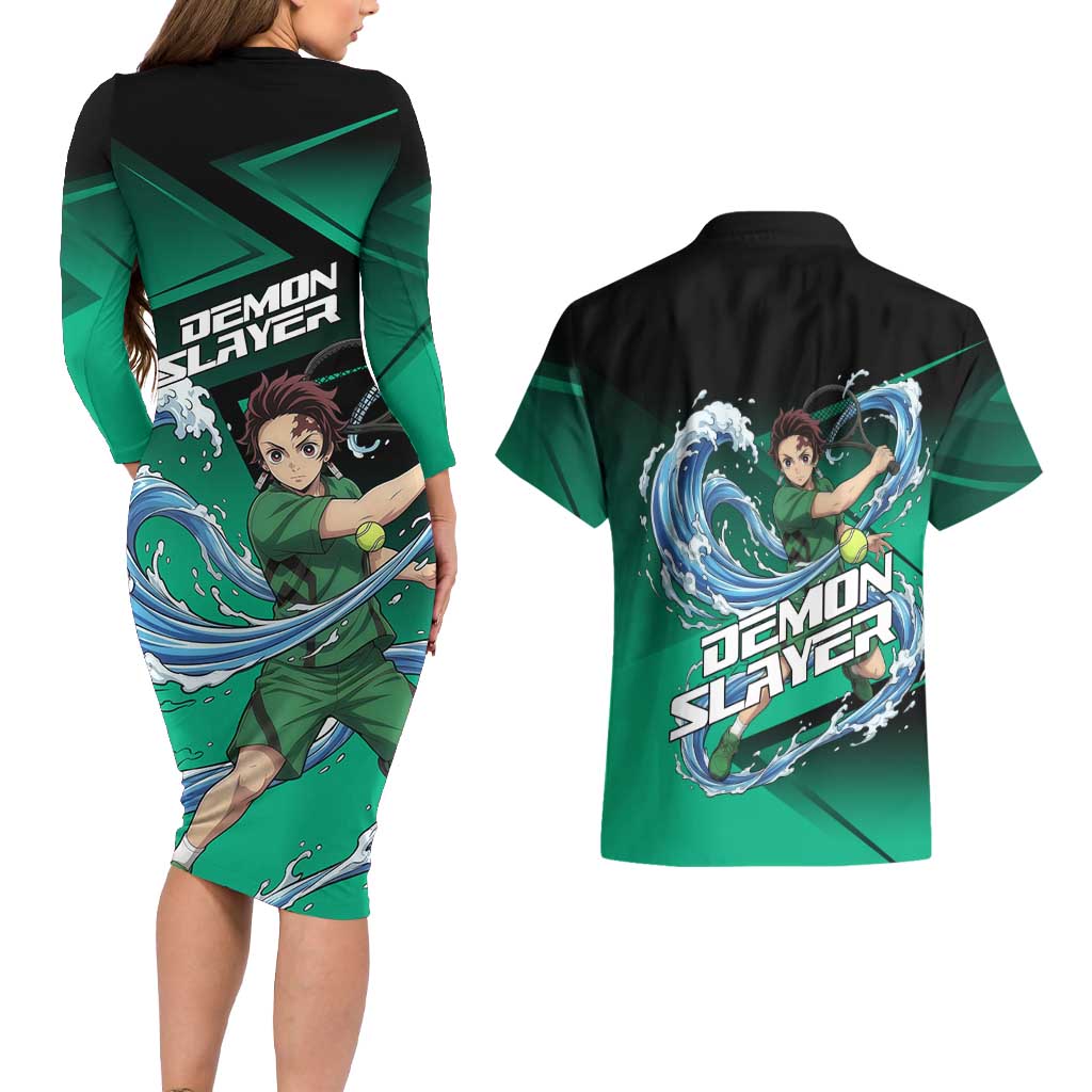 Tanjiro Kamado Water Hashira Couples Matching Long Sleeve Bodycon Dress and Hawaiian Shirt Sporty Anime Mashup Style