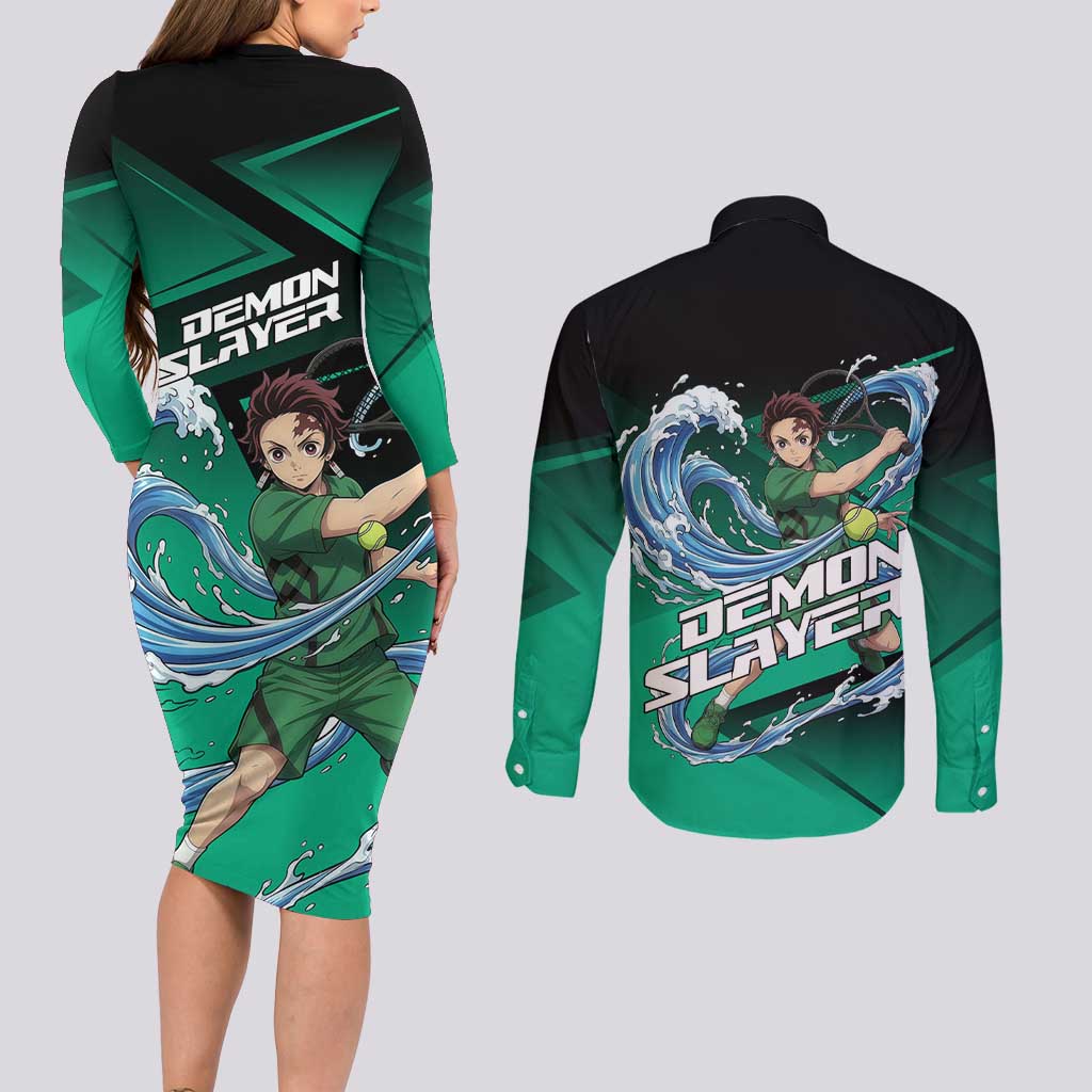Tanjiro Kamado Water Hashira Couples Matching Long Sleeve Bodycon Dress and Long Sleeve Button Shirt Sporty Anime Mashup Style