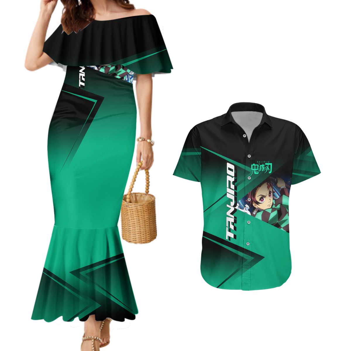 Tanjiro Kamado Water Hashira Couples Matching Mermaid Dress and Hawaiian Shirt Sporty Anime Mashup Style