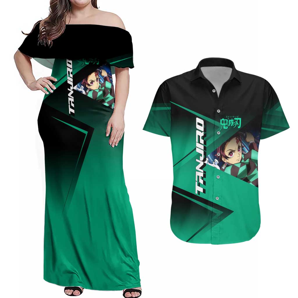 Tanjiro Kamado Water Hashira Couples Matching Off Shoulder Maxi Dress and Hawaiian Shirt Sporty Anime Mashup Style