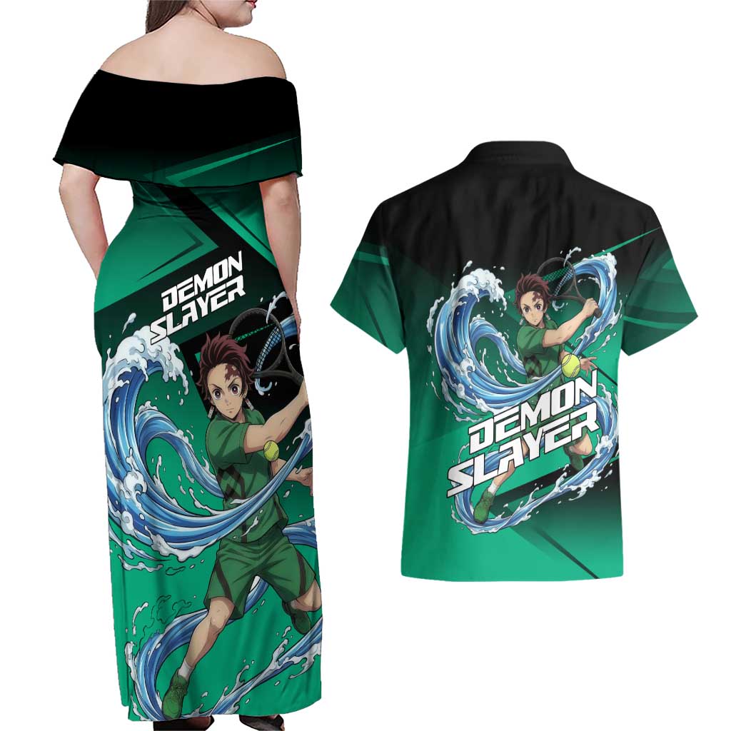 Tanjiro Kamado Water Hashira Couples Matching Off Shoulder Maxi Dress and Hawaiian Shirt Sporty Anime Mashup Style