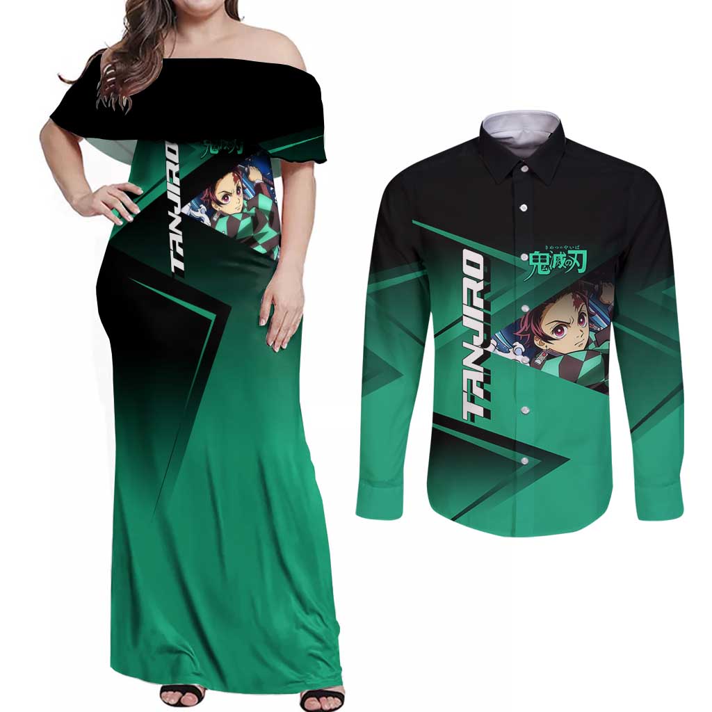Tanjiro Kamado Water Hashira Couples Matching Off Shoulder Maxi Dress and Long Sleeve Button Shirt Sporty Anime Mashup Style