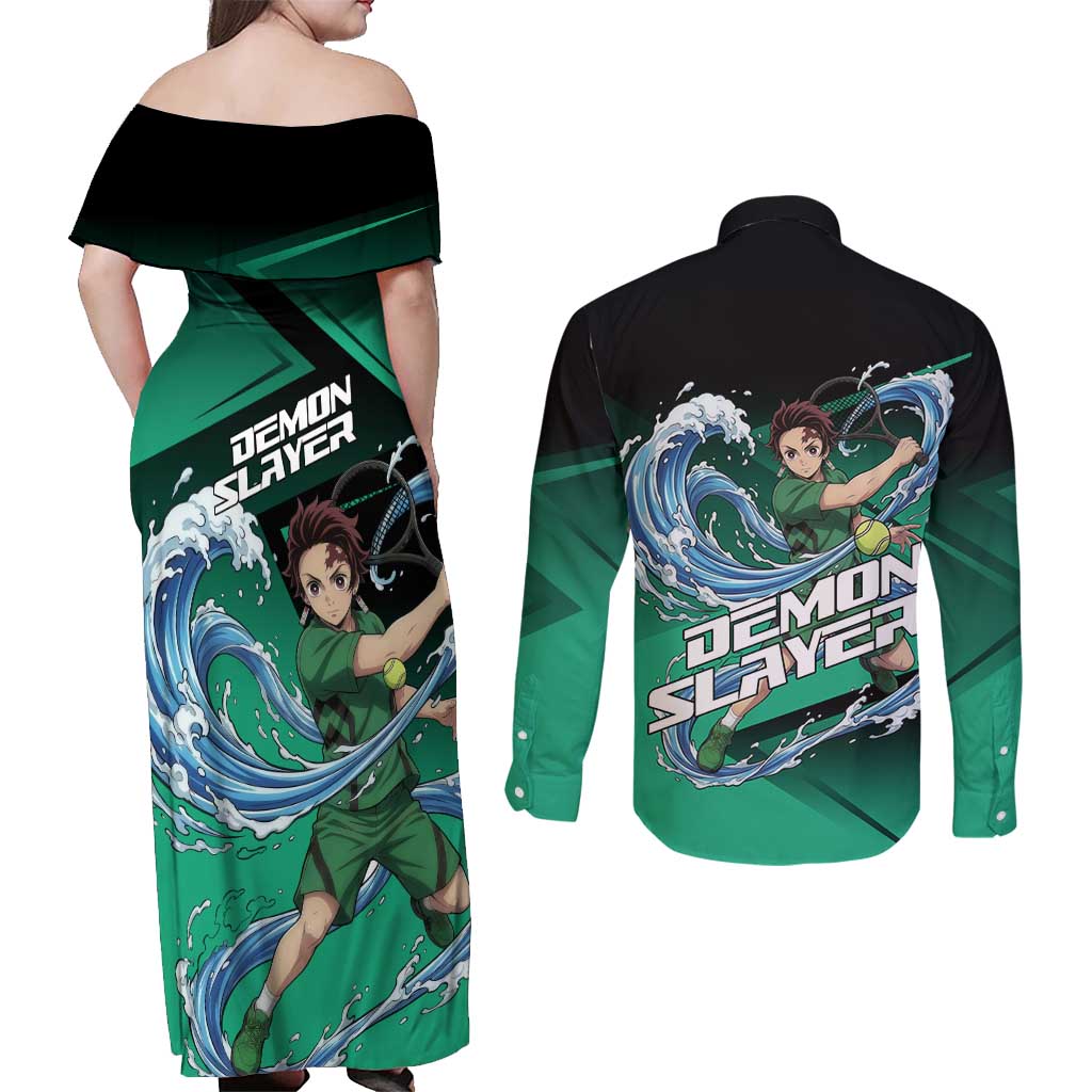 Tanjiro Kamado Water Hashira Couples Matching Off Shoulder Maxi Dress and Long Sleeve Button Shirt Sporty Anime Mashup Style