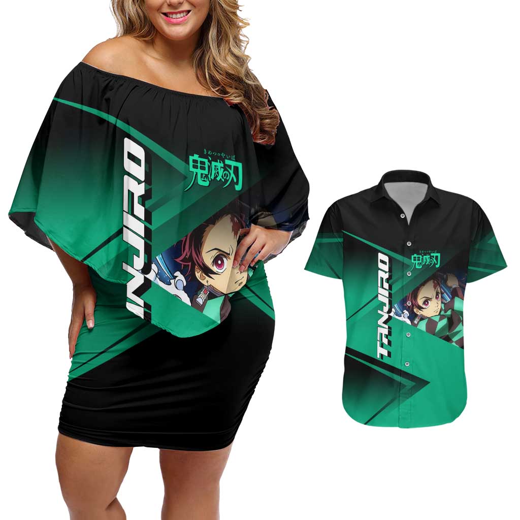 Tanjiro Kamado Water Hashira Couples Matching Off Shoulder Short Dress and Hawaiian Shirt Sporty Anime Mashup Style
