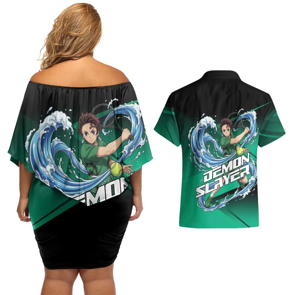Tanjiro Kamado Water Hashira Couples Matching Off Shoulder Short Dress and Hawaiian Shirt Sporty Anime Mashup Style