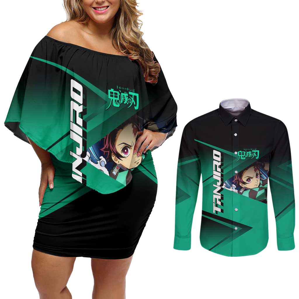 Tanjiro Kamado Water Hashira Couples Matching Off Shoulder Short Dress and Long Sleeve Button Shirt Sporty Anime Mashup Style