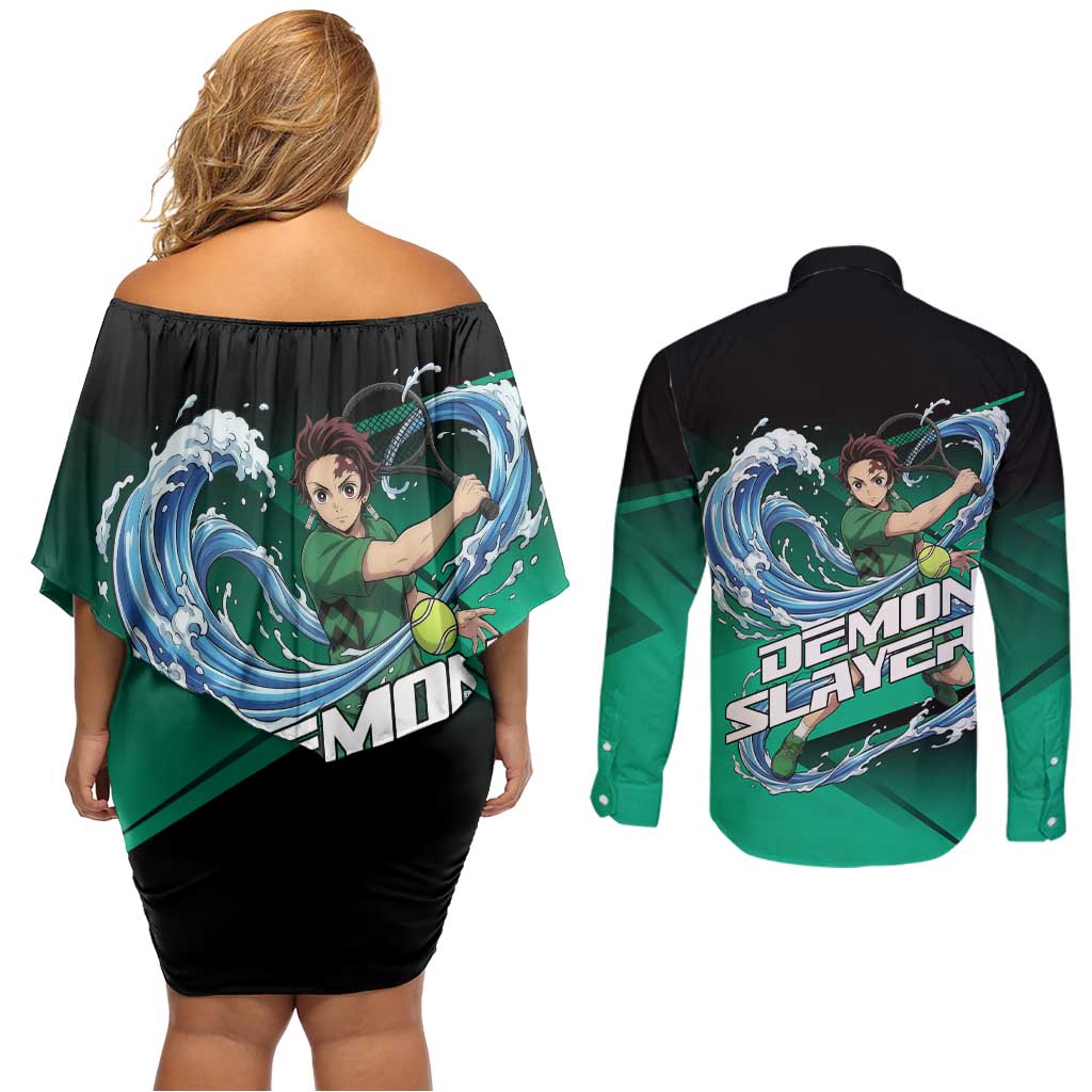Tanjiro Kamado Water Hashira Couples Matching Off Shoulder Short Dress and Long Sleeve Button Shirt Sporty Anime Mashup Style