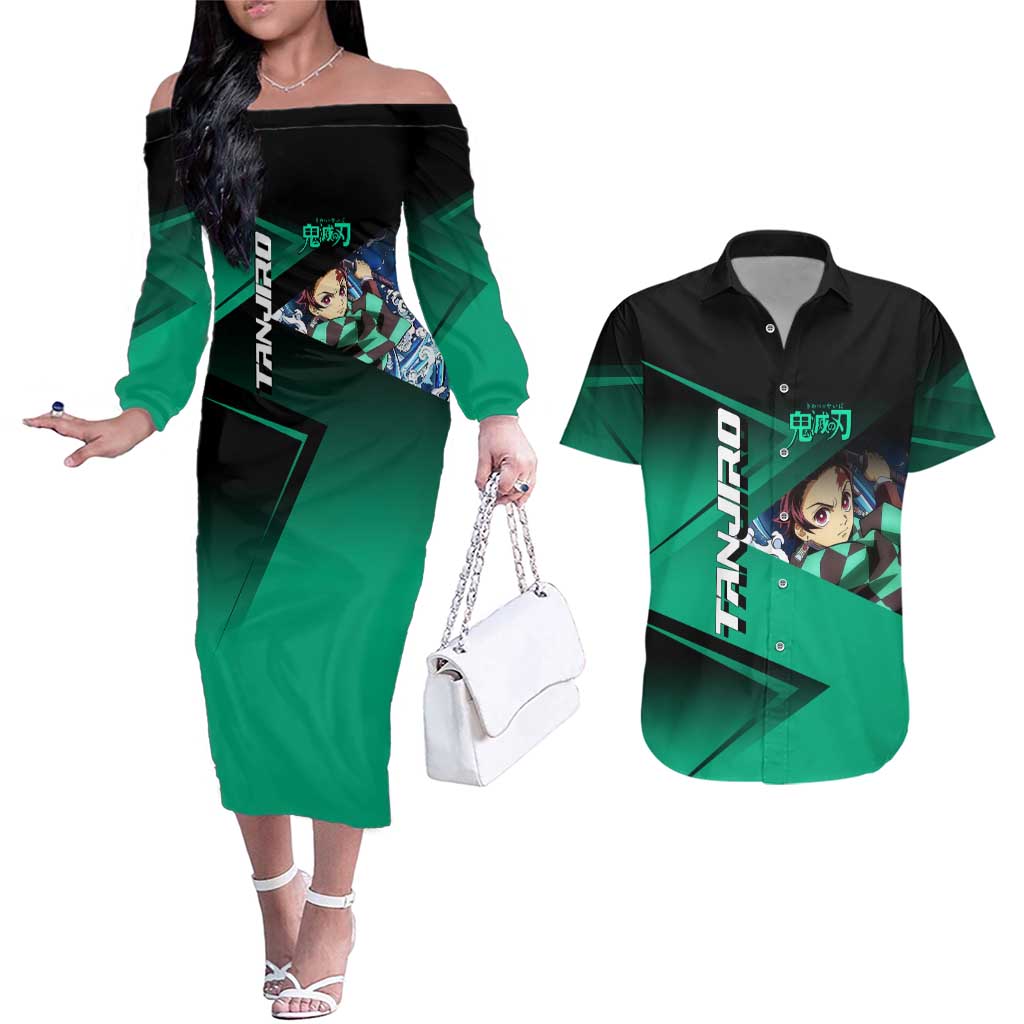 Tanjiro Kamado Water Hashira Couples Matching Off The Shoulder Long Sleeve Dress and Hawaiian Shirt Sporty Anime Mashup Style
