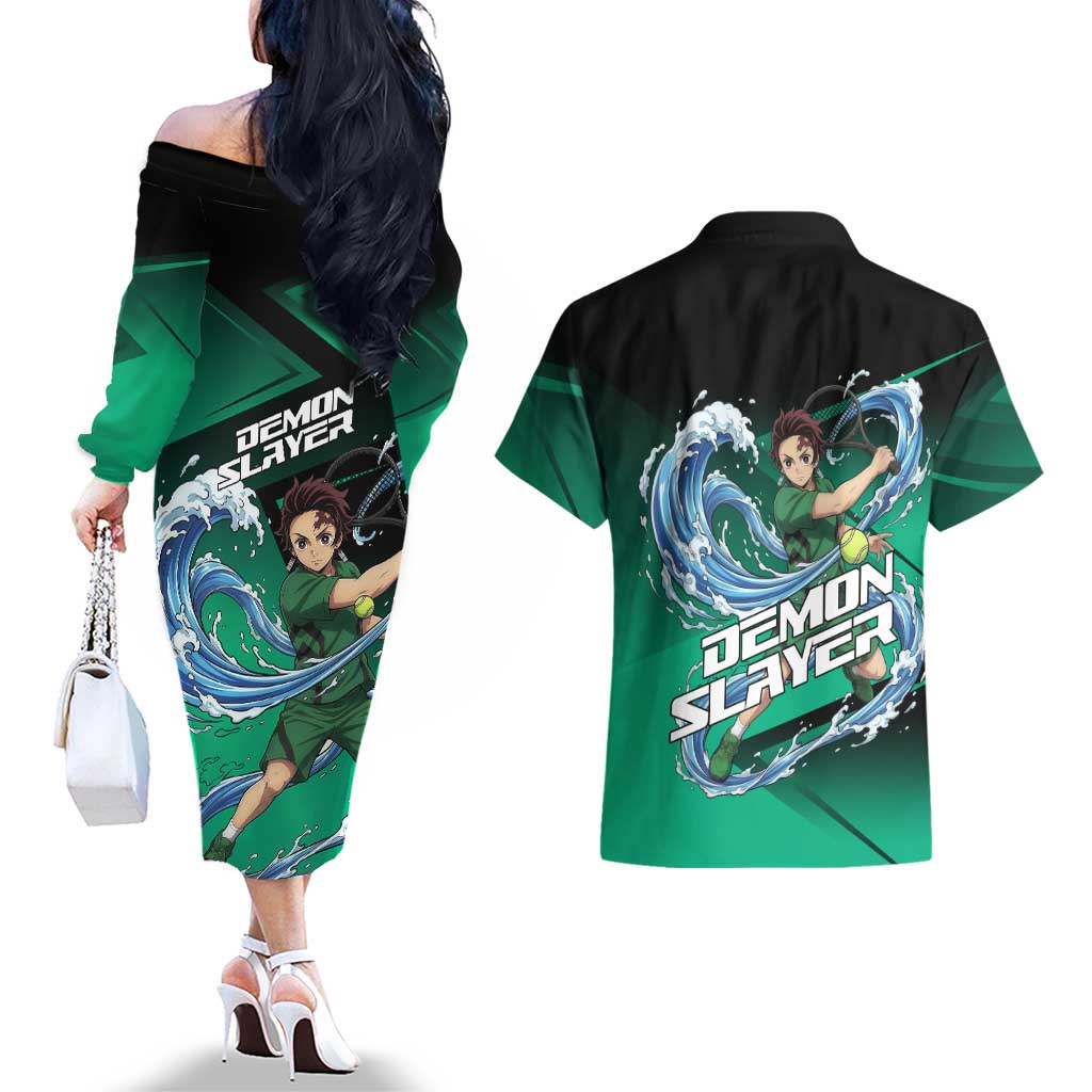 Tanjiro Kamado Water Hashira Couples Matching Off The Shoulder Long Sleeve Dress and Hawaiian Shirt Sporty Anime Mashup Style