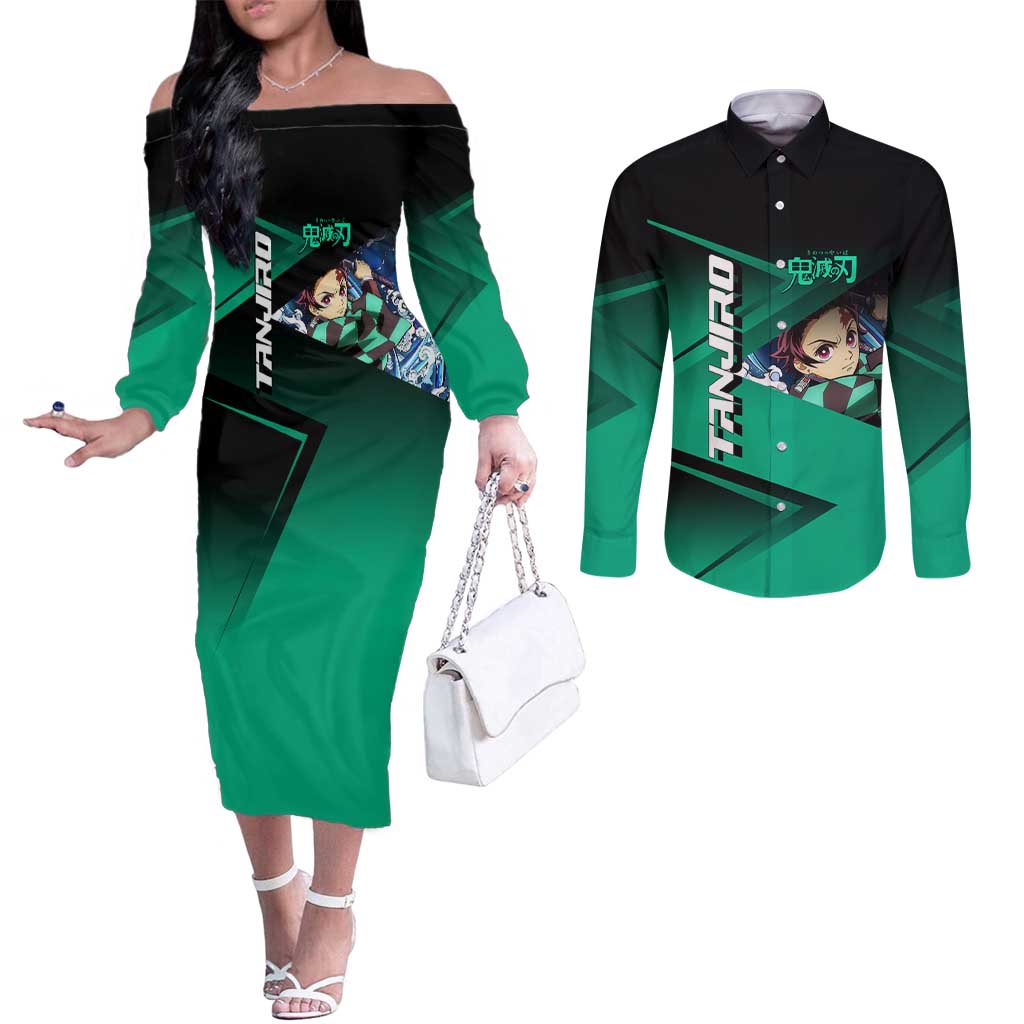 Tanjiro Kamado Water Hashira Couples Matching Off The Shoulder Long Sleeve Dress and Long Sleeve Button Shirt Sporty Anime Mashup Style