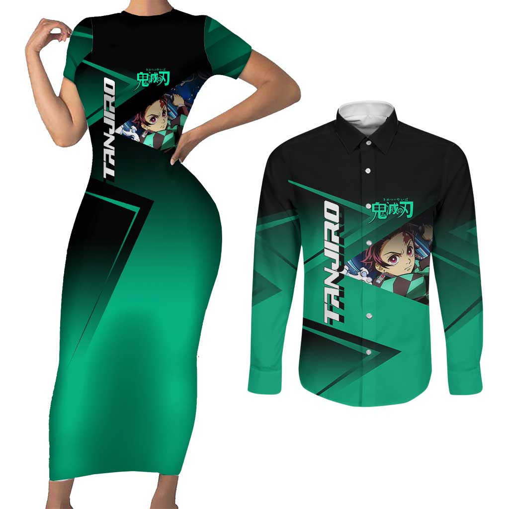 Tanjiro Kamado Water Hashira Couples Matching Short Sleeve Bodycon Dress and Long Sleeve Button Shirt Sporty Anime Mashup Style