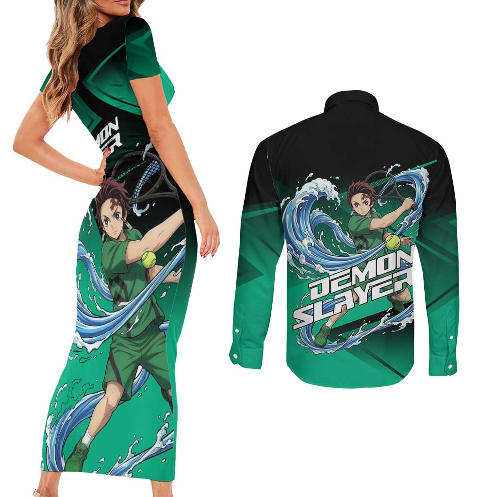Tanjiro Kamado Water Hashira Couples Matching Short Sleeve Bodycon Dress and Long Sleeve Button Shirt Sporty Anime Mashup Style