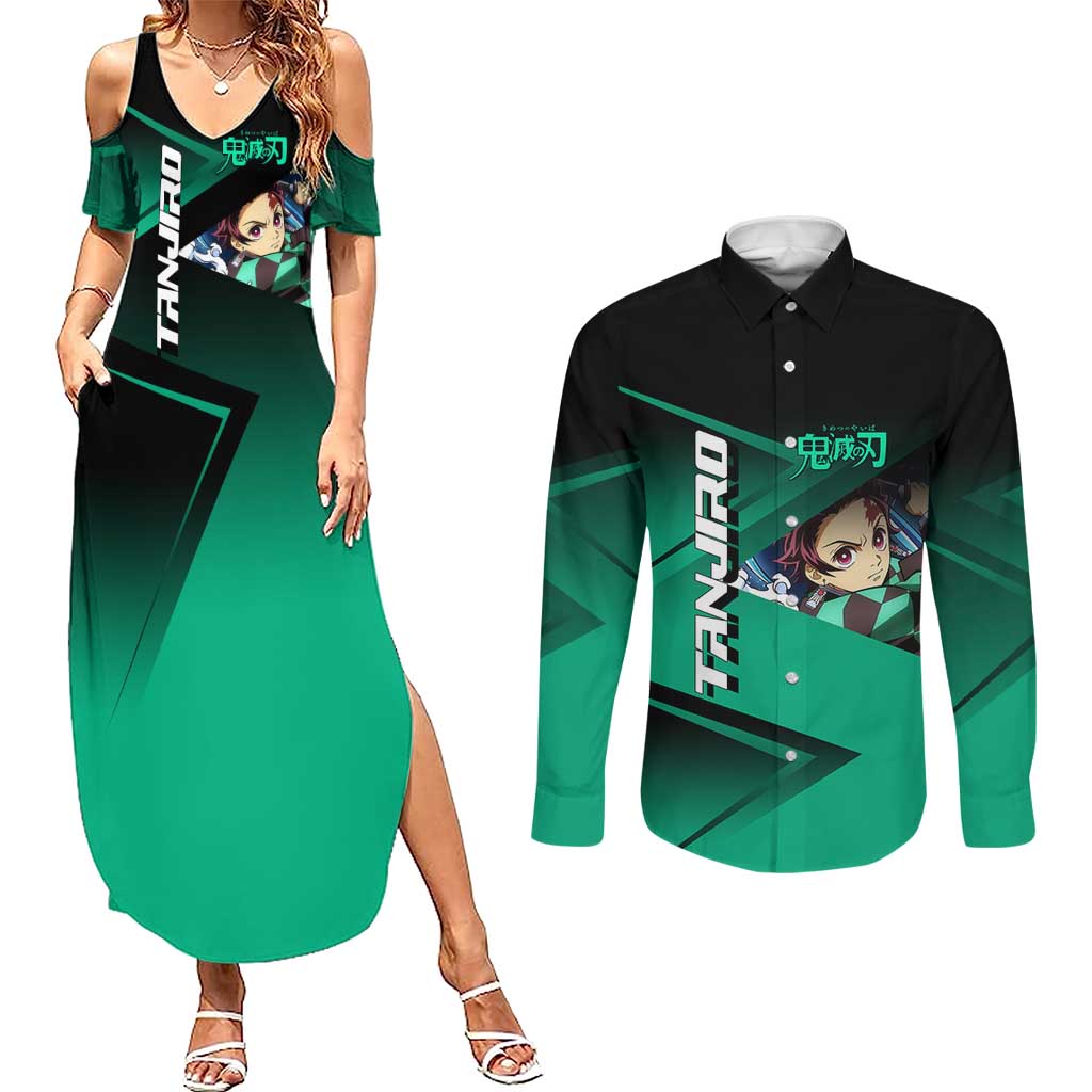 Tanjiro Kamado Water Hashira Couples Matching Summer Maxi Dress and Long Sleeve Button Shirt Sporty Anime Mashup Style