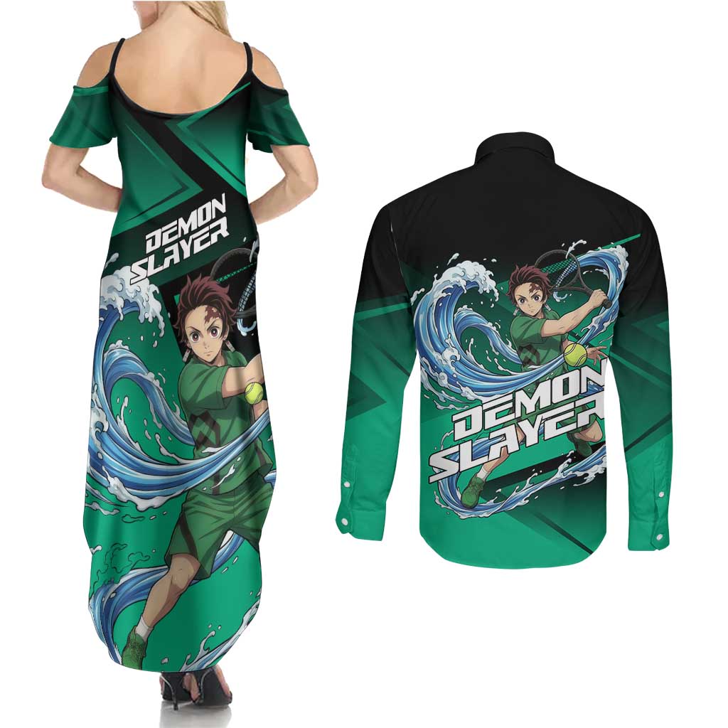 Tanjiro Kamado Water Hashira Couples Matching Summer Maxi Dress and Long Sleeve Button Shirt Sporty Anime Mashup Style