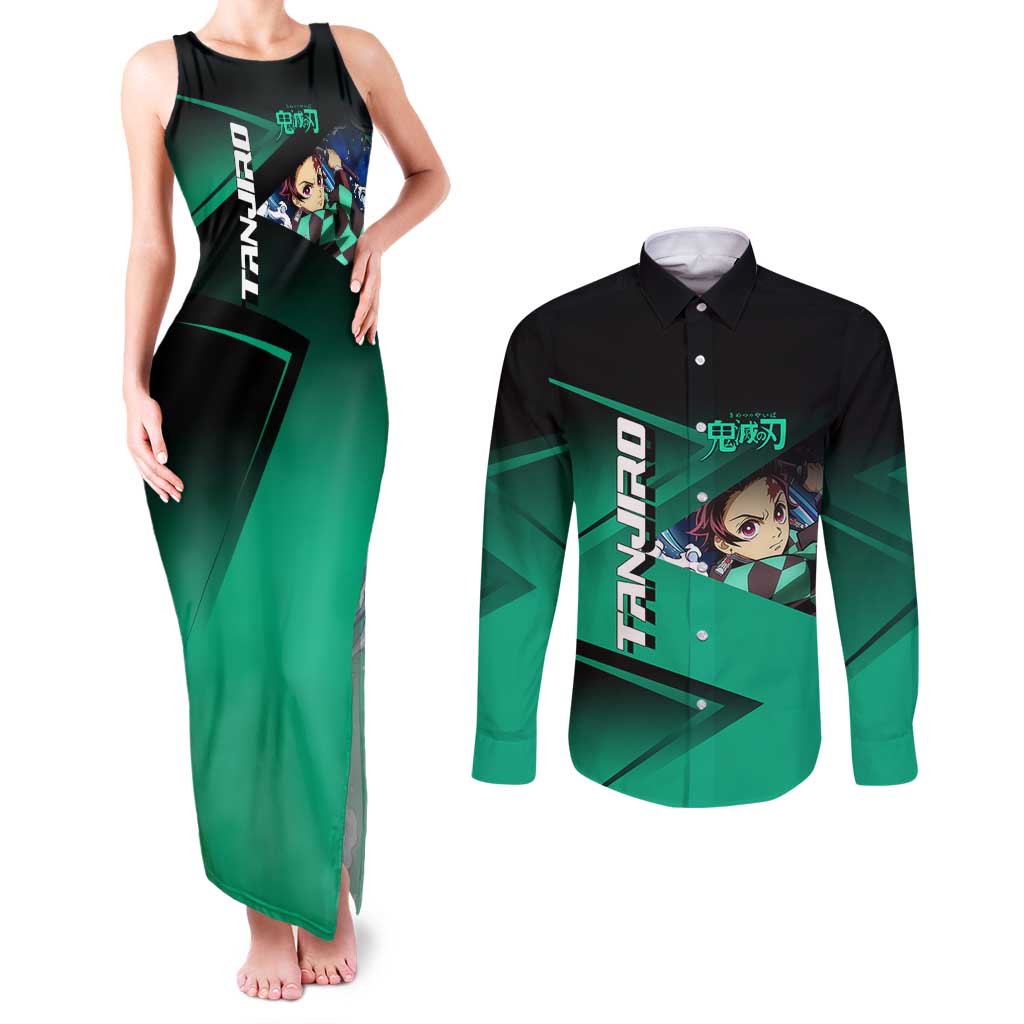 Tanjiro Kamado Water Hashira Couples Matching Tank Maxi Dress and Long Sleeve Button Shirt Sporty Anime Mashup Style