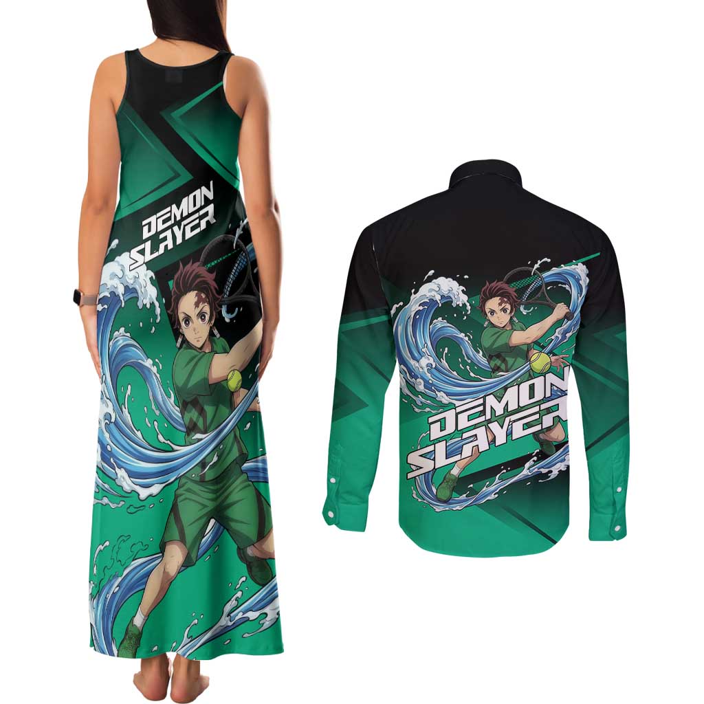 Tanjiro Kamado Water Hashira Couples Matching Tank Maxi Dress and Long Sleeve Button Shirt Sporty Anime Mashup Style