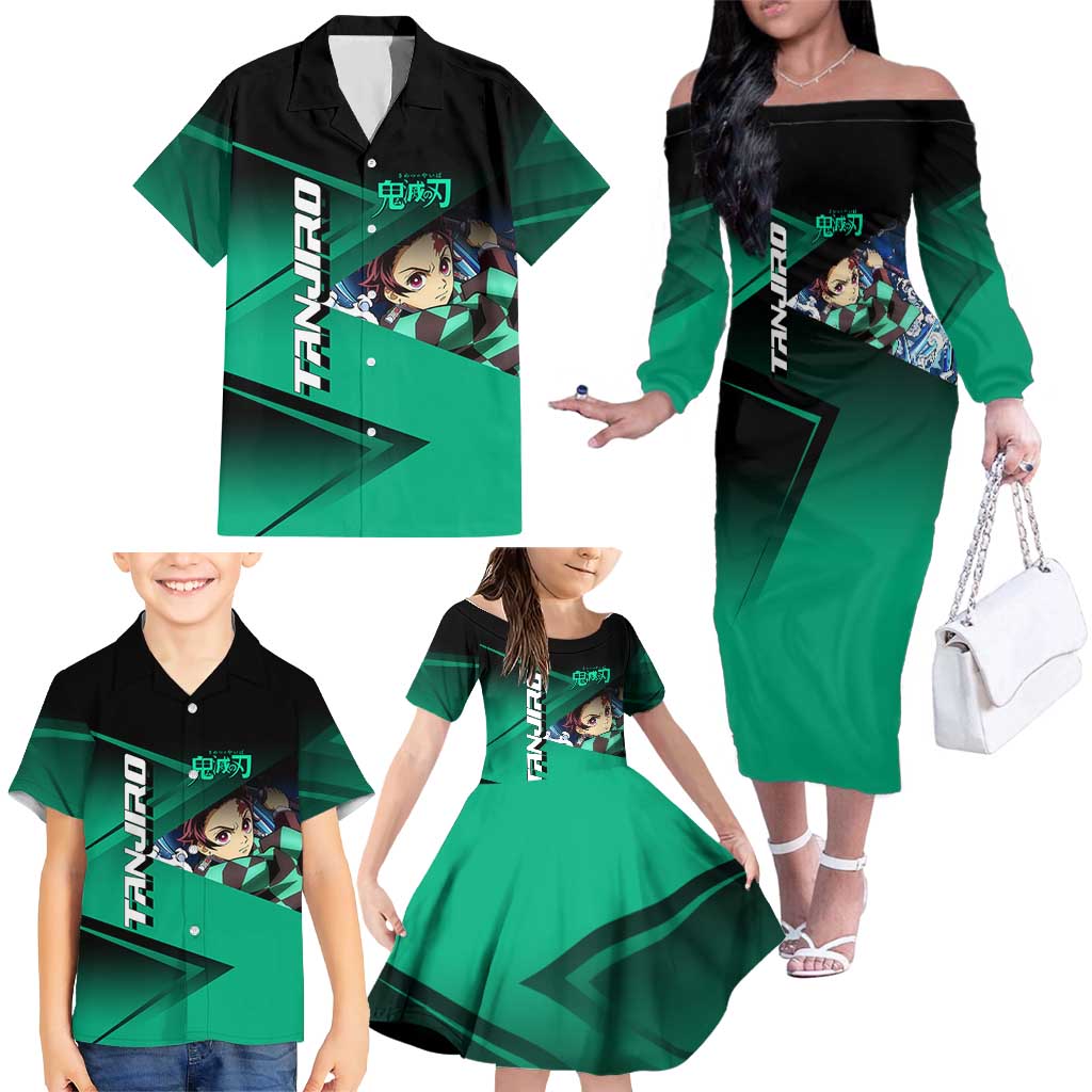 Tanjiro Kamado Water Hashira Family Matching Off The Shoulder Long Sleeve Dress and Hawaiian Shirt Sporty Anime Mashup Style