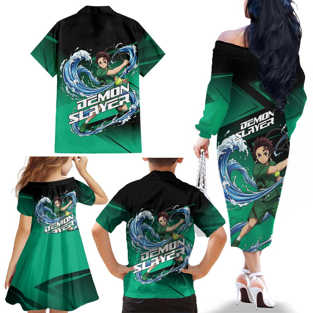 Tanjiro Kamado Water Hashira Family Matching Off The Shoulder Long Sleeve Dress and Hawaiian Shirt Sporty Anime Mashup Style
