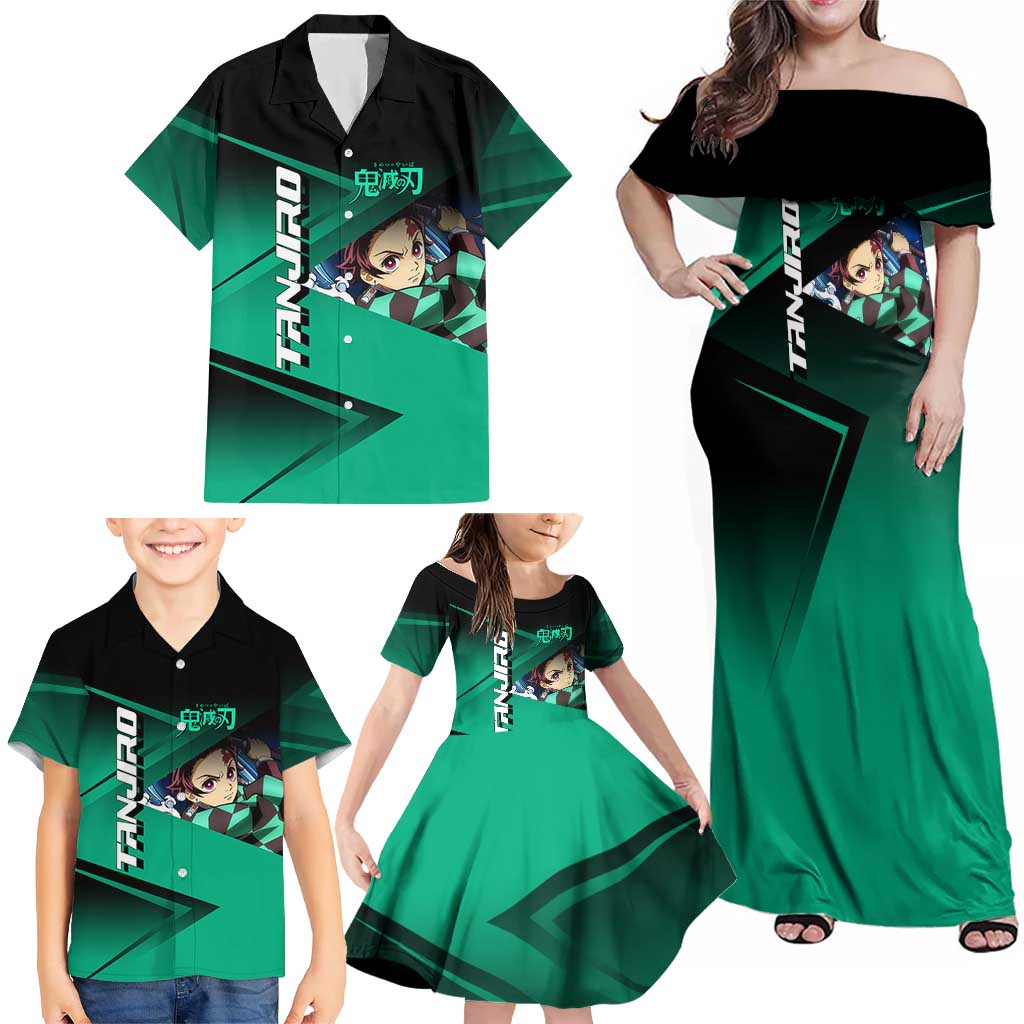 Tanjiro Kamado Water Hashira Family Matching Off Shoulder Maxi Dress and Hawaiian Shirt Sporty Anime Mashup Style