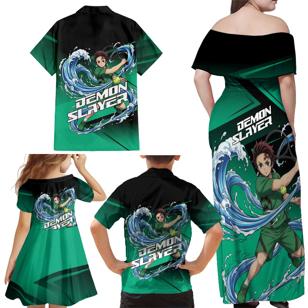 Tanjiro Kamado Water Hashira Family Matching Off Shoulder Maxi Dress and Hawaiian Shirt Sporty Anime Mashup Style