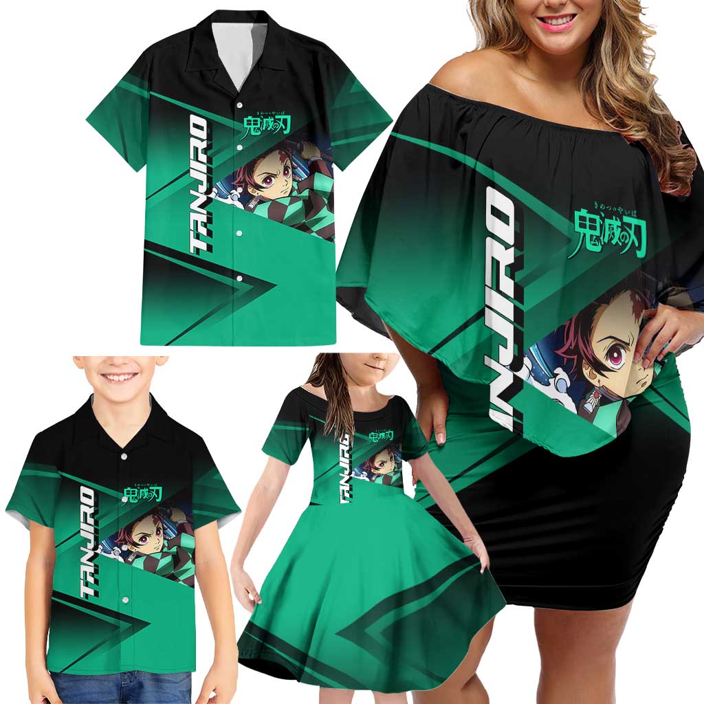 Tanjiro Kamado Water Hashira Family Matching Off Shoulder Short Dress and Hawaiian Shirt Sporty Anime Mashup Style