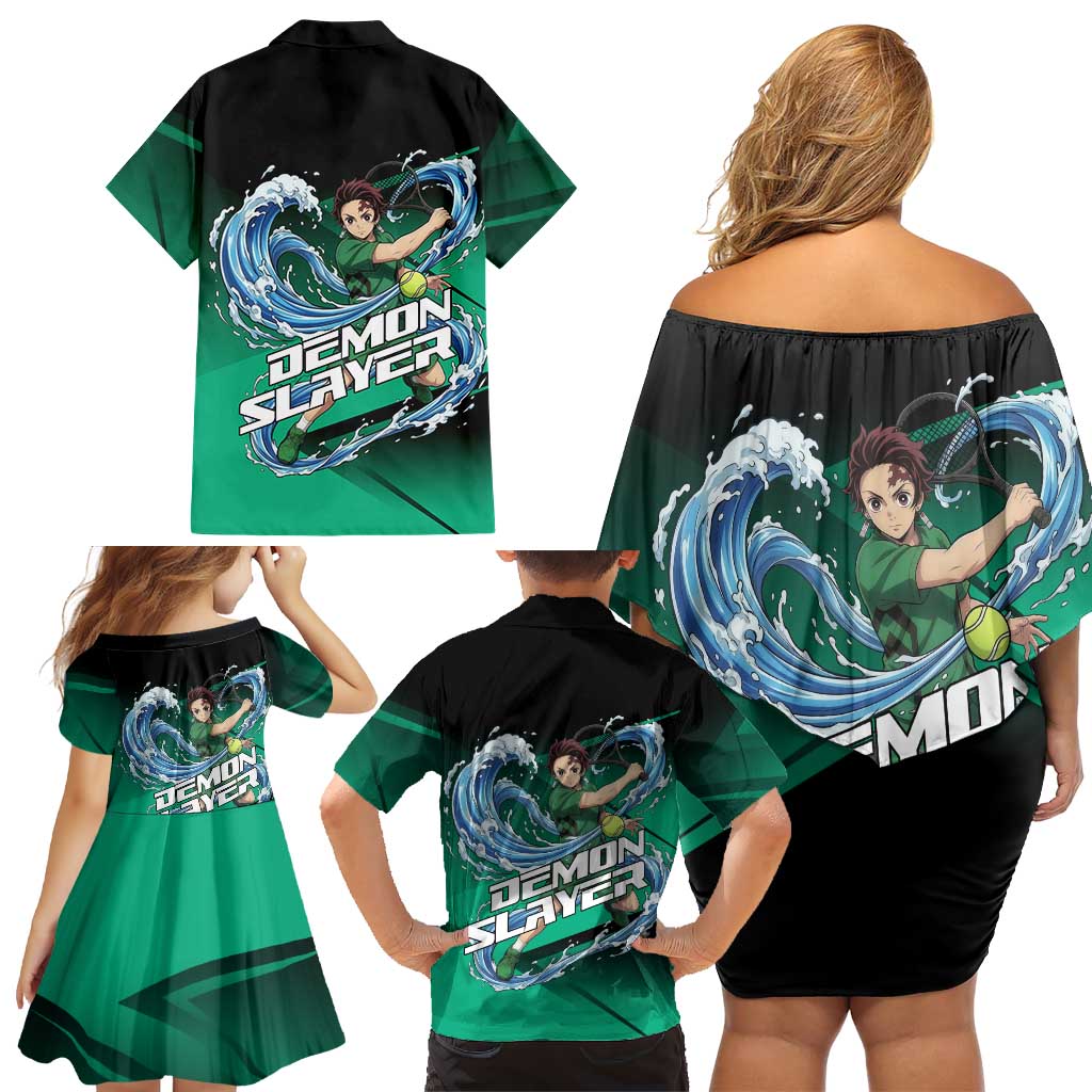 Tanjiro Kamado Water Hashira Family Matching Off Shoulder Short Dress and Hawaiian Shirt Sporty Anime Mashup Style