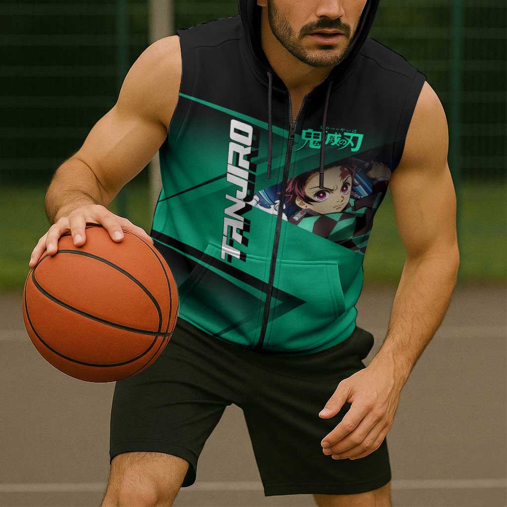 Tanjiro Kamado Water Hashira Sleeveless Zip Hoodie Sporty Anime Mashup Style