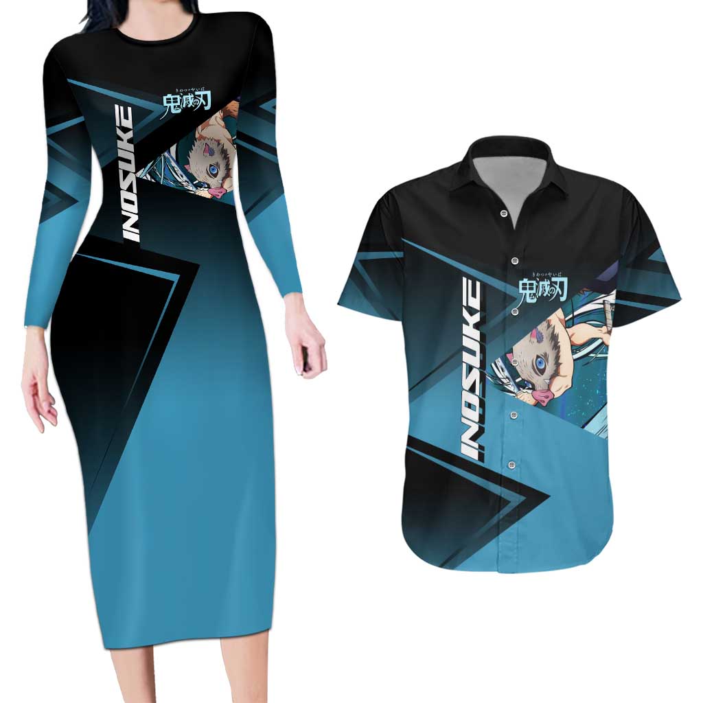 Inosuke Hashibira Beast Tennis Form Couples Matching Long Sleeve Bodycon Dress and Hawaiian Shirt Sporty Anime Mashup Style