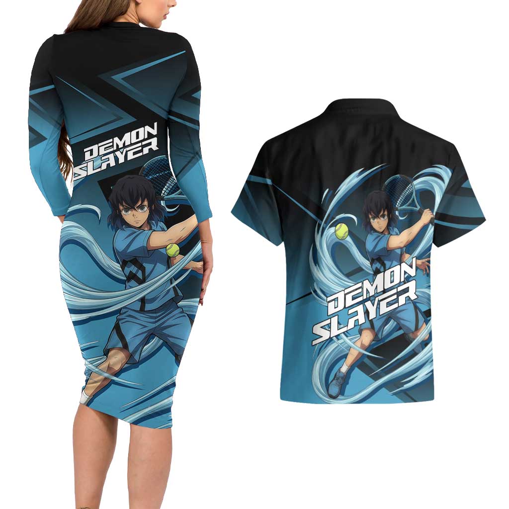 Inosuke Hashibira Beast Tennis Form Couples Matching Long Sleeve Bodycon Dress and Hawaiian Shirt Sporty Anime Mashup Style