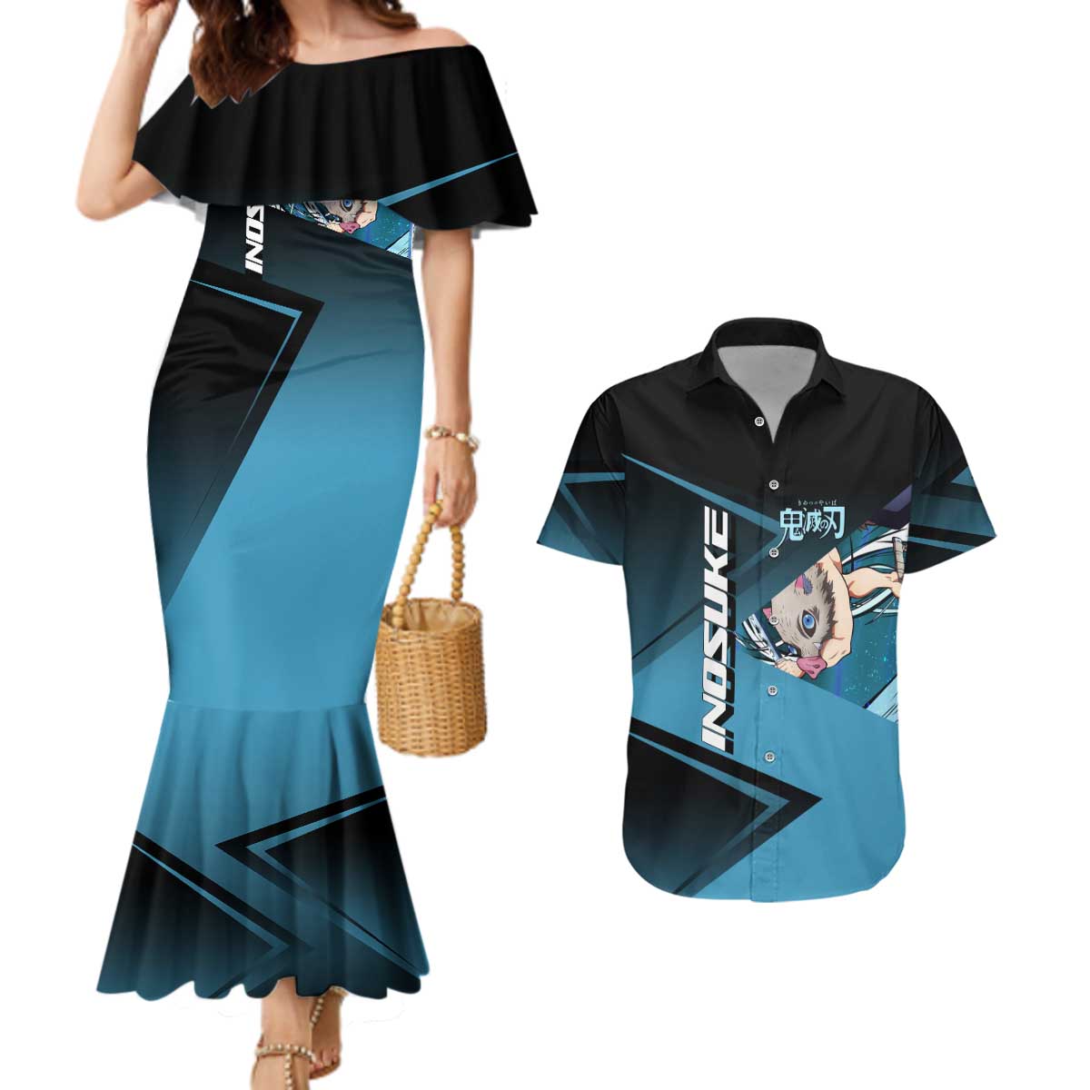 Inosuke Hashibira Beast Tennis Form Couples Matching Mermaid Dress and Hawaiian Shirt Sporty Anime Mashup Style